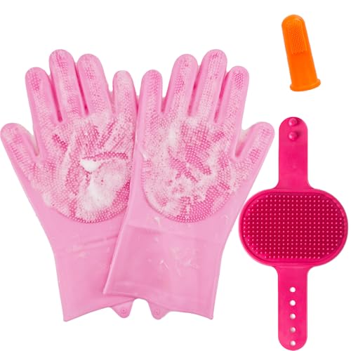 Pet grooming gloves for dogs and cats, pet bath silicone gloves for dog and cat bath anti-scratch, multi-functional bath massage brush anti-slip set of 2 sets (Pet Cleaning Kit)