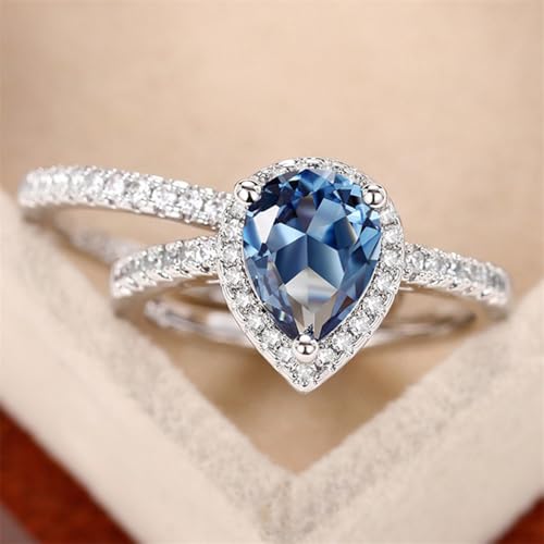 2Pcs White Gold Plated Blue Cubic Zirconia Statement Ring Personalized Accessory Ideal for Women's Daily Casual Wear Party Holiday Anniversary Love Jewelry Gift4