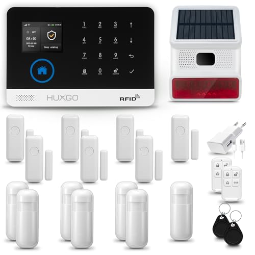 HUXGO® HXA003 Alarme maisonavec Sirène solairesans Fil, WiFi + GSM 4G | Kit d'alarme Maison Domestique avec 7X détecteurs de Mouvement, 7X capteurs...