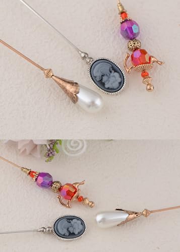 Image of Alilang Magic Lamp Pearl Lady Camo Rose Heart Rhinestones 3Pcs Vintage Long Handle Hat and Lapel Pins with Flexible Bendable Design