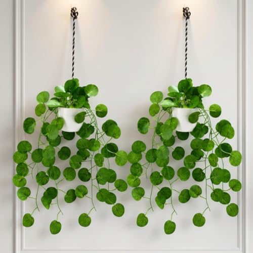 Image of fancymart Artificial Hanging Ivy Plant with White Hanging Pot & Rope, Pack of 2, Realistic Green Leaf Creeper for Home, Office, Living Room & Wall Decor, 60 cm Height