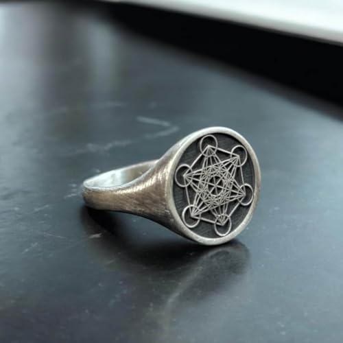 Bague Cube de Métatron chevalière ronde en argent 925 plaqué or