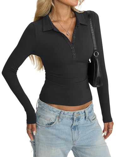 Womens Cotton Polo Collared Shirt Long Sleeve Sexy Deep V Neck Top Button Up Slim Fitted Tee Business Casual Outfit2