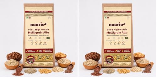 Image of Naario 9-in-1 Multigrain Atta | 8g Protein Per Roti | No Wheat | Low GI | Diabetic Friendly | 9 Roasted Grains - Black Chana, Jowar, Ragi, Bajra, Oats, Flaxseeds | Gluten Free | 1Kg (Pack of 2)