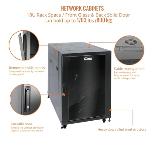 Image of Tecmojo Fully Assembled 18U Network Cabinet AV Rack Black Equipment Rack Enclosure with Casters /Locking Doors with Dual Fan, PDU and Cantilever Shelf Installed (23.6inch DEEP Glass Door)