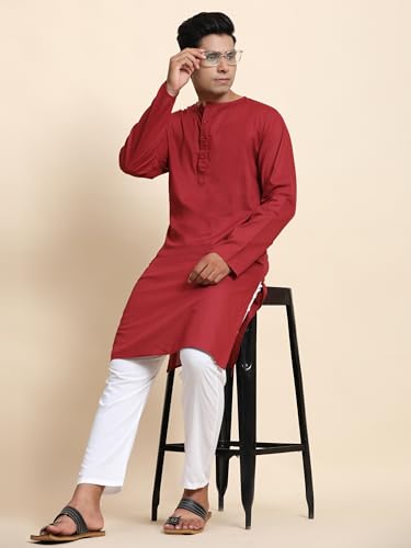 Image of Amazon Brand - Anarva Men's Pure Cotton Solid Kurta Pajama Set Round Neck Casual Yoga Dress