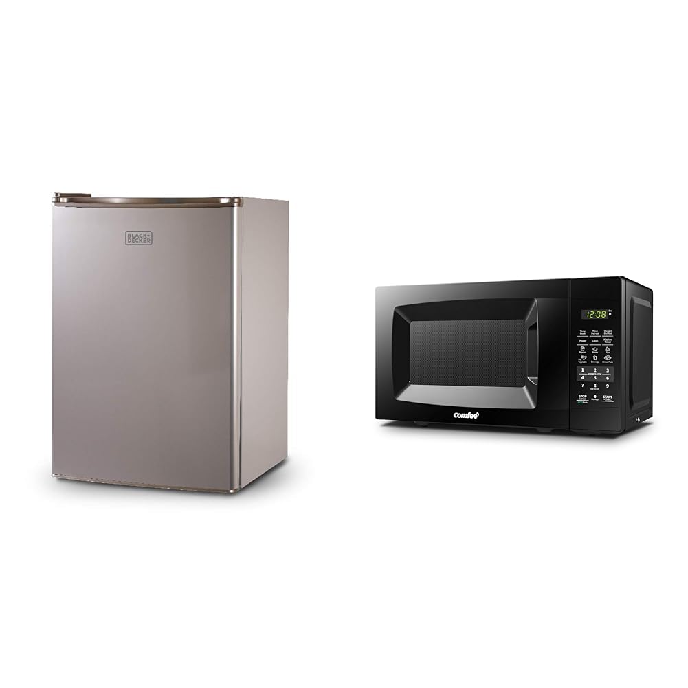 BLACK+DECKER BCRK25V Compact Refrigerator Energy Star Single Door Mini Fridge with Freezer &amp; COMFEE' EM720CPL-PMB Countertop Microwave Oven with Sound On/Off