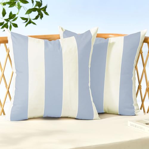 Image of Allorry Outdoor Pillow Covers 20x20 Set of 2 Sky Blue Striped Decoration Throw Pillow Covers for Spring Fall Outdoor Waterproof Garden Patio Furniture Sofa Bed Home Decor JB007-K20