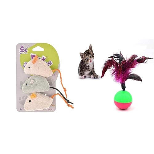 Image of PETS EMPIRE Catnip cat Toy Plush Mouse cat Toy Lifelike Fat cat Plush Simulation Realistic Mouse Toy 3 Piece & 1pcs Feather Tumbler Cat Toy Ball Kitten Toy Cat Interactive Colorful Feather Pet Toy