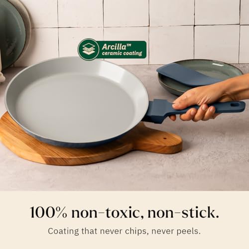 Image of Ember Cookware Arcilla Ceramic Non Stick Cookware Set of 3 | Frying Pan 24 cm, Kadai 2.6 Litre with Glass Lid & Tawa 28 cm | Non Toxic Cookware | Gift Set | ISI Certified | 5-Year Warranty | Blue