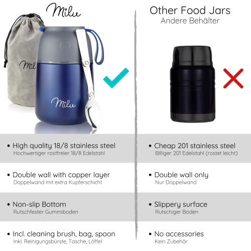 Image of Milu Thermal Container for Food 450 ml, Stainless Steel Warming Container with Spoon, Thermal Mug Food, Thermal Lunch Box for Children, Adults, Thermal Box Soups, Baby Porridge, Food Container Navy