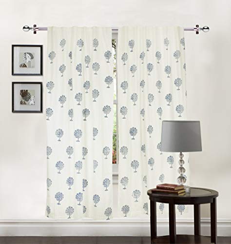 Image of LINENWALAS Cotton Curtains Set of 2, Canvas Door Curtains for Home Decor, Hangs Elegantly with Back Loops (4.5ft x 7 ft, Blue Tree)