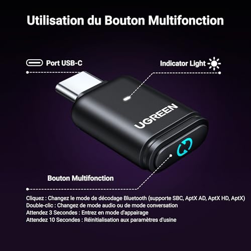 UGREEN aptX HD USB C Transmisor Bluetooth 5.3 Adaptador de Audio Bluetooth - Imagen 7