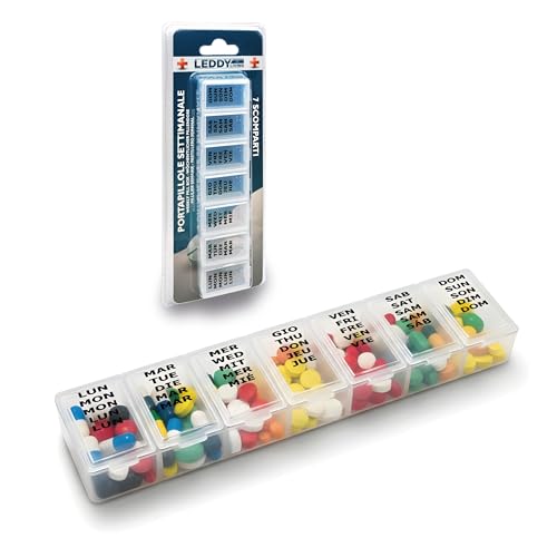 Pastillero semanal rectangular 7 compartimentos 15,3 x 3,7 cm – Multilingüe IT EN DE FR ES con Braille, bisagras reforzadas, cierres seguros, organizador semitransparente
