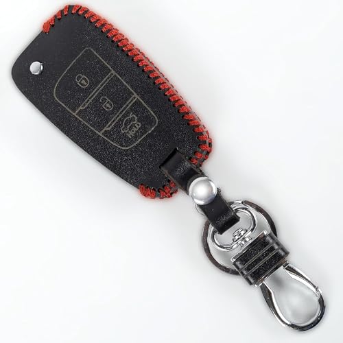 Image of Leather Smart Car Key Cover Case with Metal Hook Keychain for New Verna (Black)
