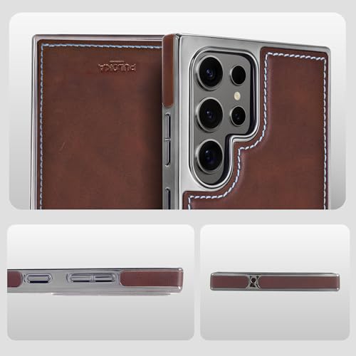 Image of PULOKA Chrome Leather Back Case - Compatible with Samsung Galaxy S23 Ultra - Luxury Bumper Case - Flexible Vegan Leather - Electroplated Sides - Full Camera Protetection & Raised Edges - Brown