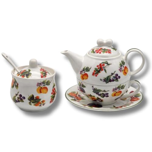 Leonardo Luxury Home Design Set The Teiera Egoist Porcellana con Tazza Piattino e Zuccheriera con Cucchiaino Decoro Frutta Servizio Elegante Idea Regalo (Tazza Teiera Frutta+Zuccheriera)