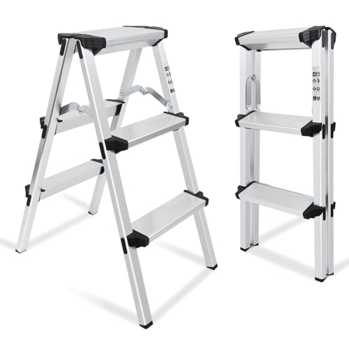 kisidus Trittleiter 2 x 3 Stufen, Alu Klapptritt, Stehleiter beidseitig begehbar, Haushaltsleiter bis 150 kg belastbar, Stufenleiter, Mehrzweckleiter, Silber