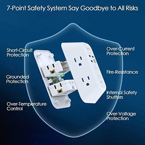 USB Chargeur mural, bande de puissance avec 5 Extendeur de sortie 4 USB Ports de recharge (1 USB C, 4.5A Total général) 3-Sided 1800J Surge Protector Power Bar Multi Plug Outlets Adaptateur mural Espace pour le bureau de voyage à domicile