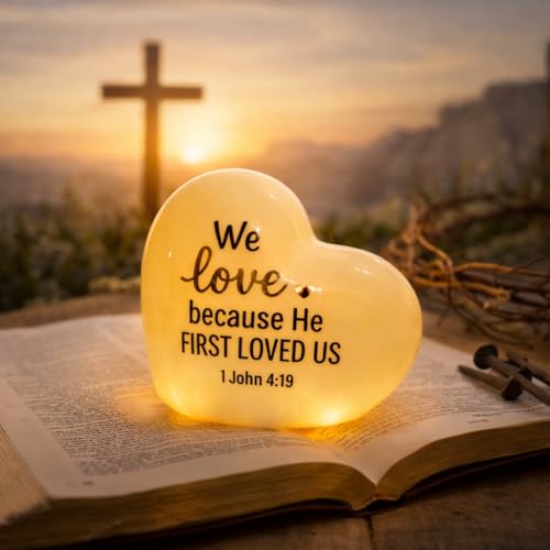 Christian Love Ceramic LED Light We Love Because He First Loved Us Inspirational Bible Verse Night Light 1 John 4:19 Christian Home Decor Faith Gift for Women Wedding Anniversary Gft