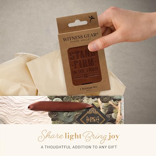 Image of Christian Art Gifts Magnetic Phone Wallet, Stand Firm Bible Verse, Honey Brown Faux Leather, MagSafe Wallet Stand, Snap Closure, 3.9 inch x 2.5 inch