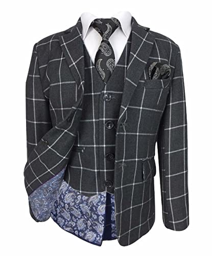 Costume à carreaux garçon gris anthracite habit de cérémonie 6 pièces