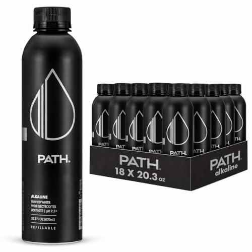 Image of PATH Alkaline Bottled Water - 9.5 pH-Balanced Purified Water with Electrolytes in Aluminum Bottle - BPA-Free, Reusable, Infinitely Recyclable - Pure, Crisp, Refreshing Taste - 20.3 Fl Oz (Pack of 18)