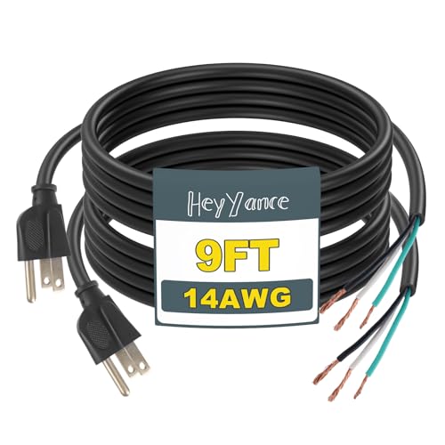Image of HeyYance 2 Pack 9 ft 14/3C SJTW Appliance and Power Tool Cord, 14 Gauge 3 Prong Heavy Duty Replacement Power Supply Cord Cable, 110V 115V 120V AC Pigtail, 15A, 1875w