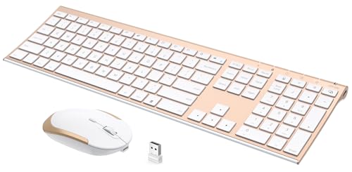 Wireless Keyboard and Mouse, Vssoplor Rechargeable Quiet Full-Size Keyboard and Mouse Combo Set Ultra Slim Design for Laptop, PC, Notebook, Desktop-White and Gold