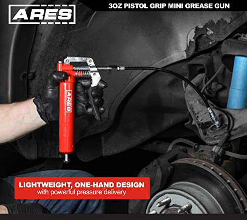 Image of ARES 53011 - 3oz Pistol Grip Mini Grease Gun - Includes 12-Inch Flex Hose and 4-Inch and 6-Inch Straight Extensions - 3000 PSI Working Pressure Rating