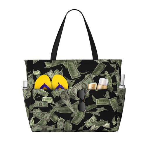 Dollar Sign Money Print Roomy Beach Tote Bag For Women, Large Travel Bag For Weekend Travel,Pool