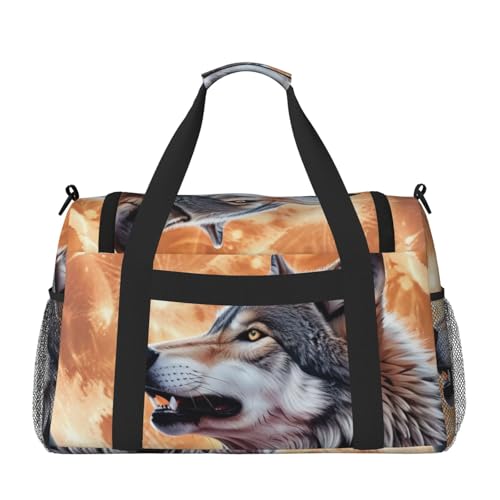 Wolf Howling At The Moon Print Travel Duffle Bag - Foldable Personal Item Travel Bag for Women & Men,Carry-On Convertible Crossbody Tote Bags with Adjustable Shoulder Strap & Pockets 13x10.2x19.7 in2