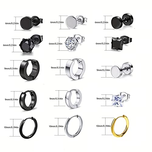 15 Pairs Black Earrings for Men,Stainless Steel Aretes de Hombre Mens Earrings Stud Set Aretes Para Hombre Male Earrings hoop Surgical Steel Ear Rings for Men Earrings Hypoallergenic3