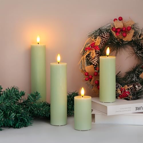 Image of Flickering Flameless Pillar Candles with Remote Control and Cycle Timer,Sage Green Pack of 4 Battery Operated(Powered by 2AA) LED Real Wax Tall Fake 3D-Wick Electric (D 2.2 inch x H 4 inch,6 inch,8 inch,10 inch)