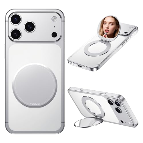 YOOVEI Magnetic Phone Case Stand with Mirror for MagSafe Universal Metal Adjustable Kickstand for iPhone 17/16/15/14 Pro Max Slim Phone Mirror for All Smartphone Used for Women Outdoor Makeup White