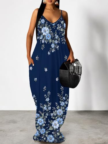 Image of Women's Summer Maxi Dress Spaghetti Strap Floral Boho Beach Long Sundress with Pockets