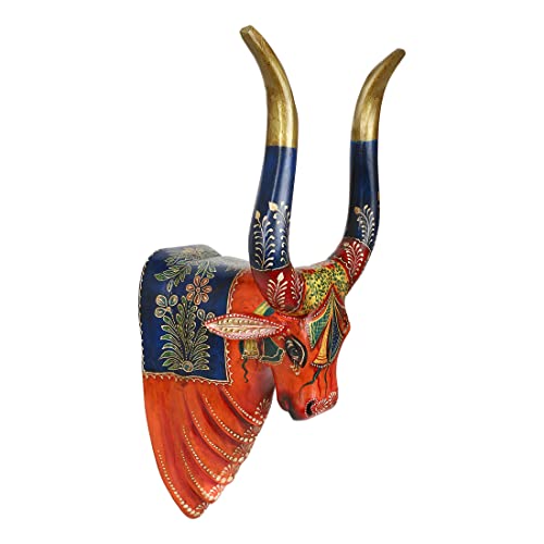 Image of THE COCOTIER Nandi-Inspired Beauty: Multicolor Hand-Painted Cow Head Crafted in 3D Embossing, Reddish Orange Base Cow Head, Animal Head Wall Hanging.
