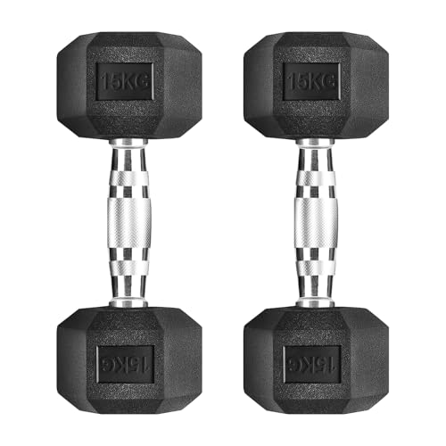 Mancuernas Hexagonales 5-25kg Set Profesional para Gym en casa, hierro fundido con revestimiento de Caucho SIN OLOR con mango Ergonómico Antideslizante, Versátil (15, par)
