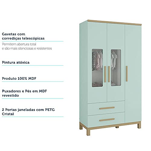Guarda Roupa Infantil 3 Portas 2 Gavetas Louis Móveis Verde Jade/cedro