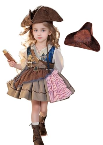 Halloween Girls Pirate Princess Lolita Dress Kids Brown and Blue Tutu Skirt with Tricorn Hat Belt Accessories