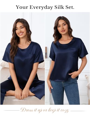 Image of THXSILK Mulberry Silk Womens Pajama Set with Pocket, 2 Piece Lounge Sets for Women, Short Sleeve Sleepwear