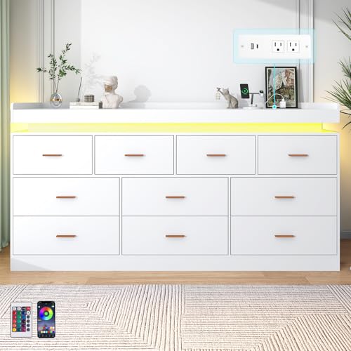 Image of jiteentarou 10 Drawer Dresser with Charging Station and LED Lights, Modern Chest of Drawers with Power Outlet, Organizer Cabinet for, Living Room, Entryway, White