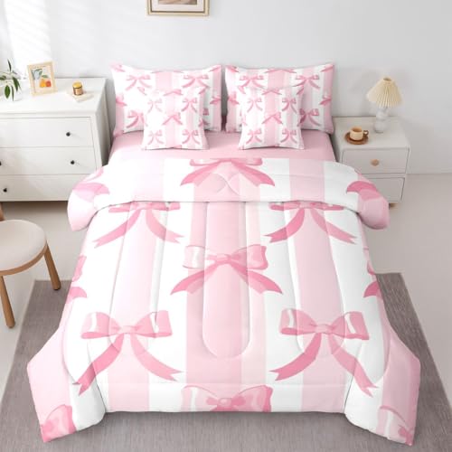 Image of Princess Bow King Size Comforter Set with Sheets | Kawaii Bow 7-Piece Bedding Set Dreamy Ribbon Bowknot Bed in a Bag, Watercolor Pink Striped Bed Sets,Cute Room Decor Aesthetic