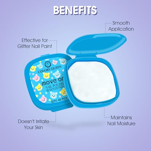 Image of Colors Queen Move On Nail Polish Removers Pads | Easy Application Nail Paint Remover Wipes | Keeps Nails Moisturized & Nourished | Alcohol & Aceton Free Nail Polish Remover Wipes (45 Wipes, Blue)