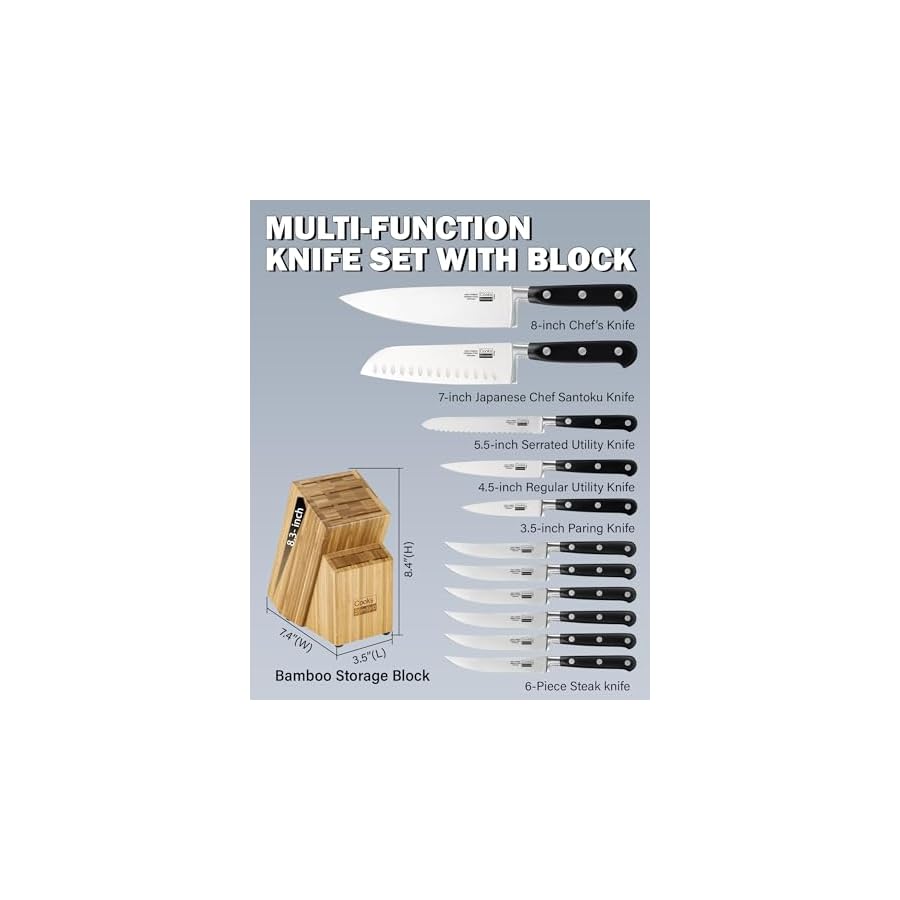 Cooks Standard Kitchen Knife Set with Block 12-Piece, Stainless Steel Forge High Carbon German Blade with Expandable Bamboo Storage Block for Extra Slots, Black