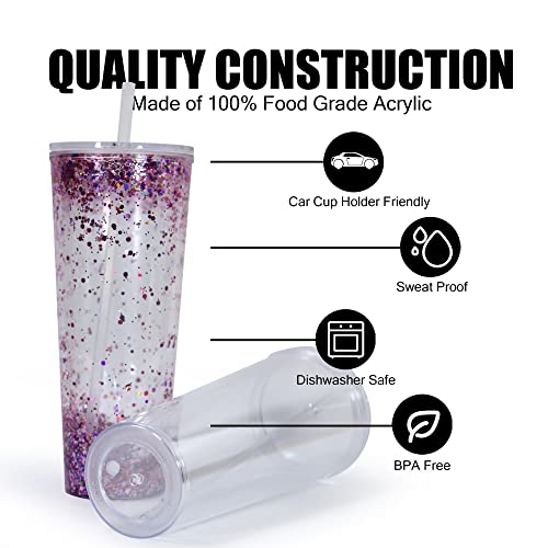 Agh 24Oz Acrylic Double Wall Insulated Tumblers(4Pack), Transparent Drilled Plastic Double Wall Tumblers With Straw & Hole Stopper, Acrylic Snow Globe Tumbler #TOP1