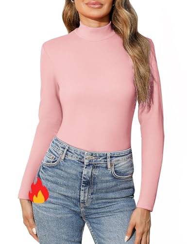 Aottori Camiseta Térmica Cuello Alto Mujer Manga Larga Camisetas Ropa Interior Jersey Algodon con Cuello Vuelto Invierno Corte Ajustado Basica Top Rosa XL