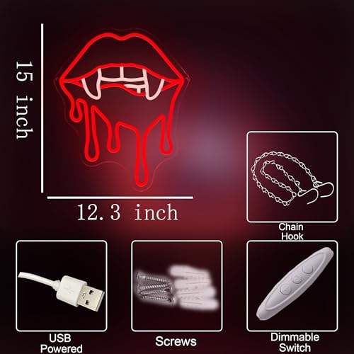 Image of Vampire Fangs Neon Sign, Red Lips LED Light for Halloween Wall Decor, Horror Gothic Neon Sign for Bedroom, Bar, Vampire Theme Party Decorations