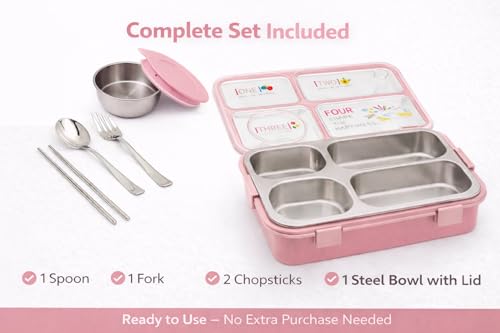 Image of TEC TAVAKKAL 4 Compartment Leak-Proof Lunch Box with Extra Steel Bowl & Lid, 900ML Bento Lunch Box | BPA Free | Includes Spoon, Fork & Chopsticks, Dishwasher Safe, Food Grade Durable Material (Pink)