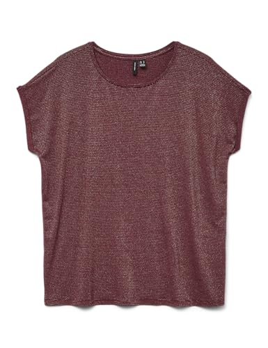 VERO MODA Camiseta Brillante para Mujer, Cuello Redondo, Manga Corta, básica, Look Cotidiano, Syrah, L